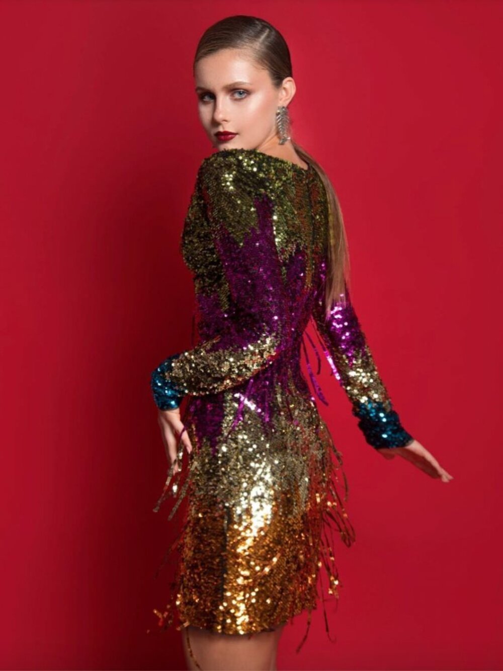 Amen Mini Long Sleeve Dress Sequin V-Neck Cocktail Formal New Flawed Multicolor